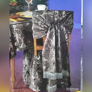 ELEGANT TABLE FOR 2! 2 sets of Black satin flocked skirts and scarfs for chairs.